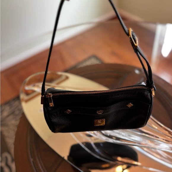 MCM Handbags - MCM Black Leather Papillion Shoulder Bag with Gold Accents